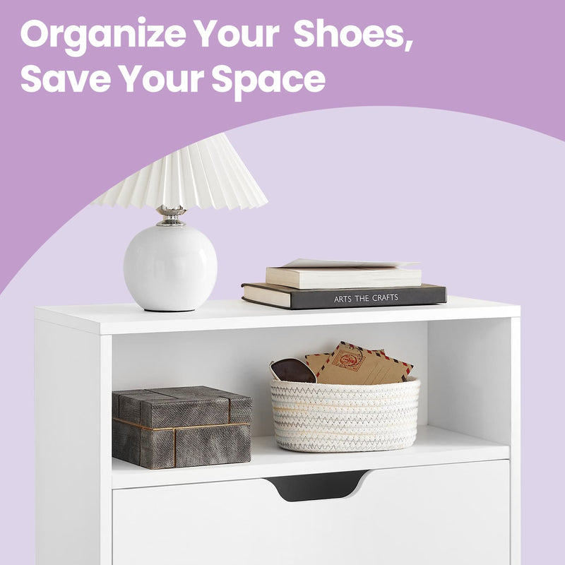 Slim White 2 Drawer Shoe Storage Cabinet with Adjustable Shelves for Hallway, Holds 8 to 12 Pairs of Shoes, 60 x 24 x 102cm