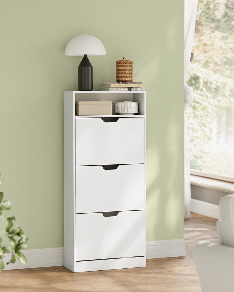 White Narrow 3 Door Shoe Cabinet For Hallway 60cm Wide, Pull Down Drawers