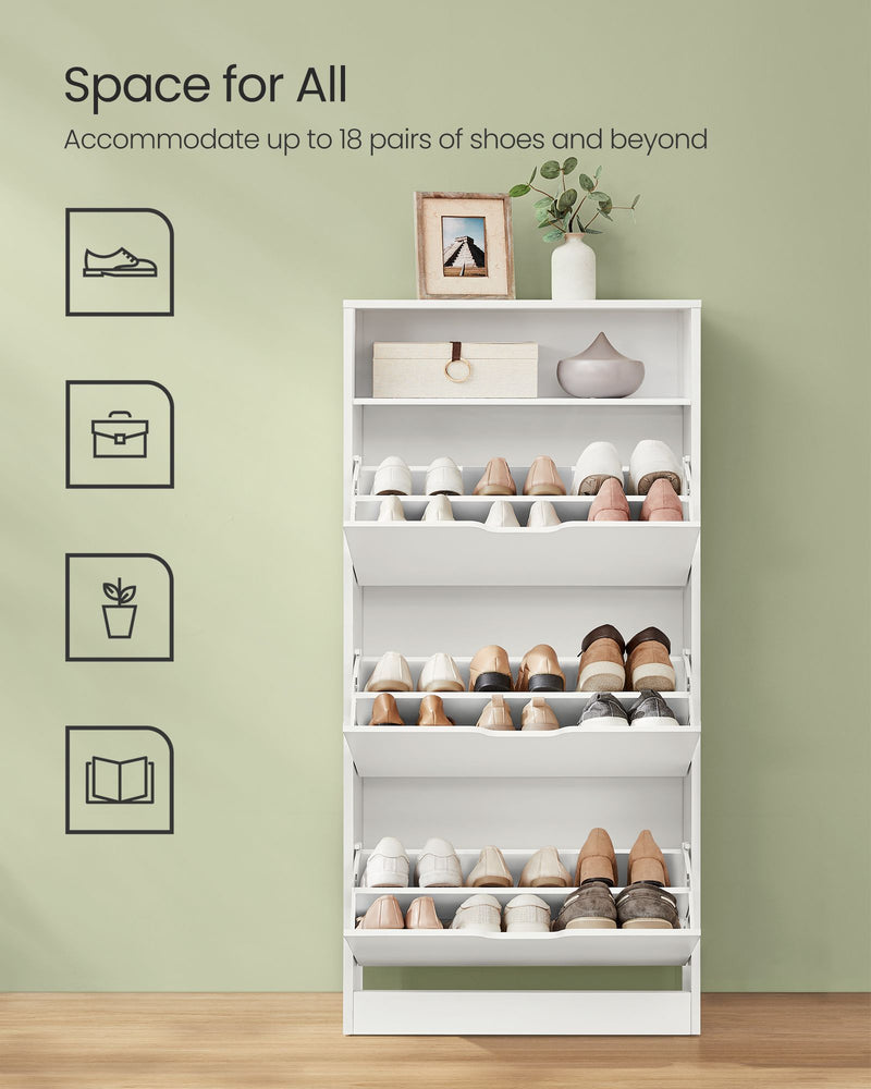 White Narrow 3 Door Shoe Cabinet For Hallway 60cm Wide, Pull Down Drawers