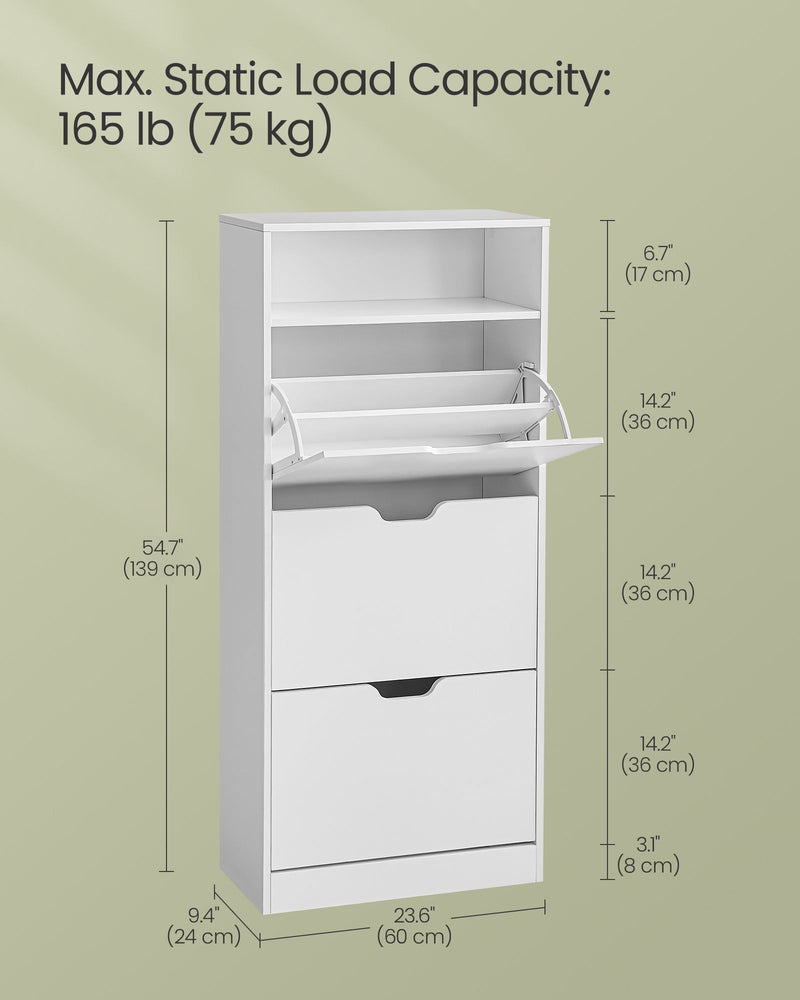 White Narrow 3 Door Shoe Cabinet For Hallway 60cm Wide, Pull Down Drawers