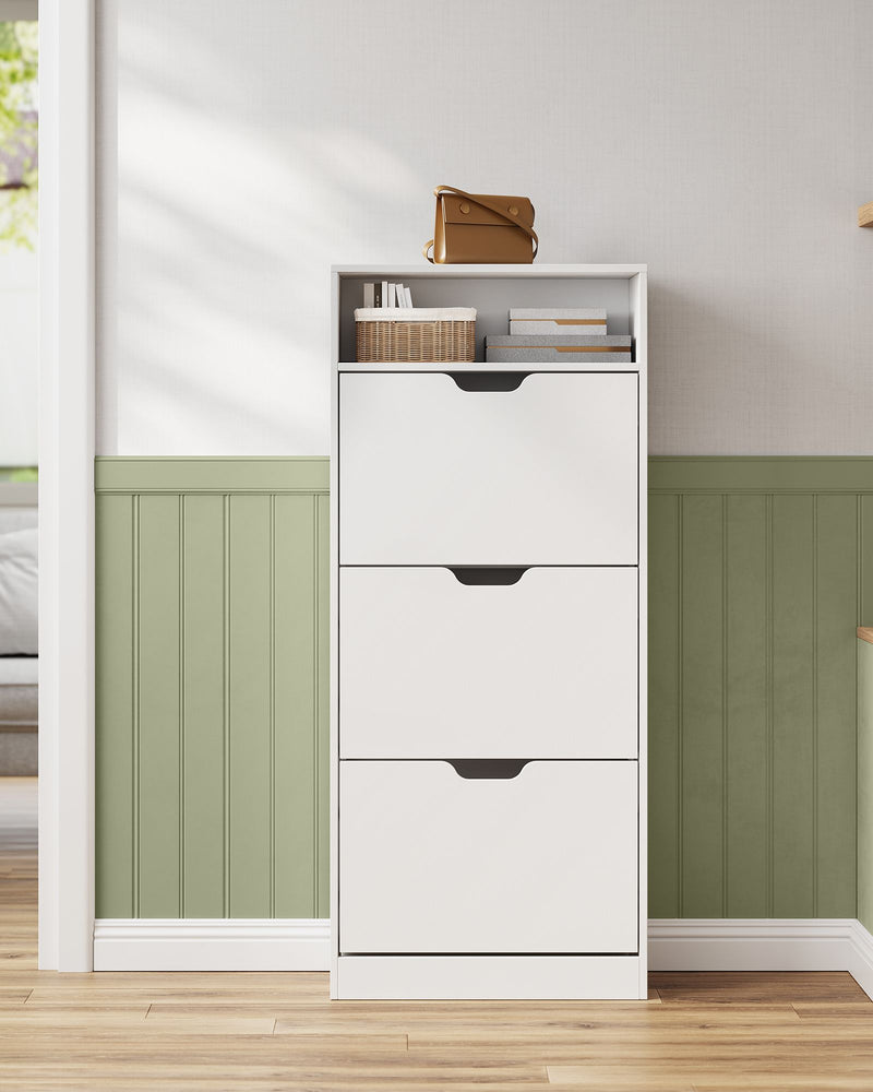 White Narrow 3 Door Shoe Cabinet For Hallway 60cm Wide, Pull Down Drawers