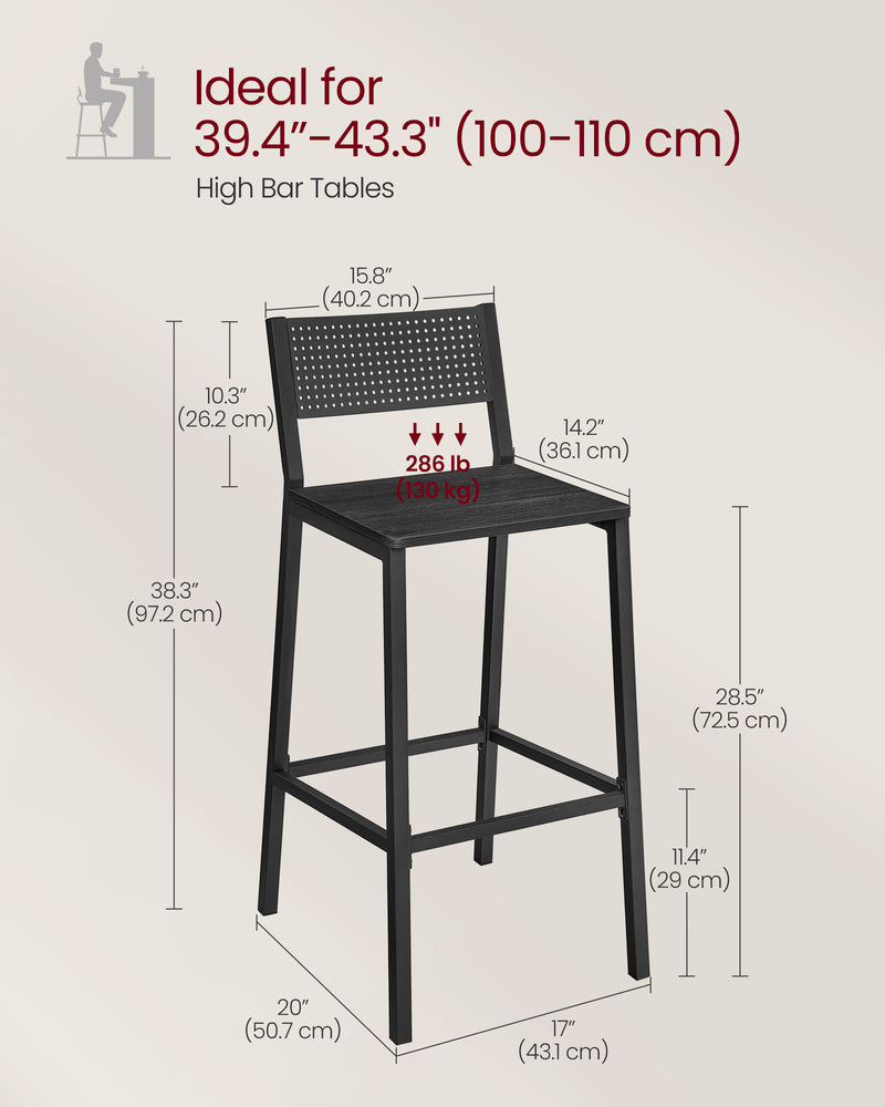 Set of 2 Charcoal Gray and Black Bar Stools with Metal Frame for Kitchen or Home by Vasagle