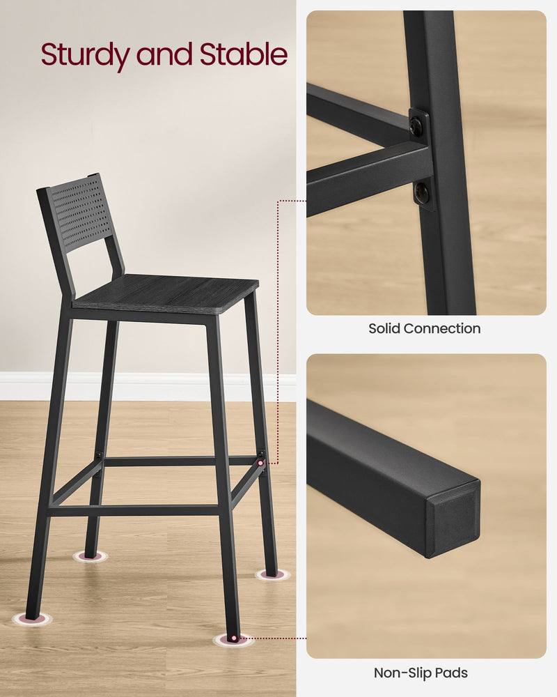 Set of 2 Charcoal Gray and Black Bar Stools with Metal Frame for Kitchen or Home by Vasagle