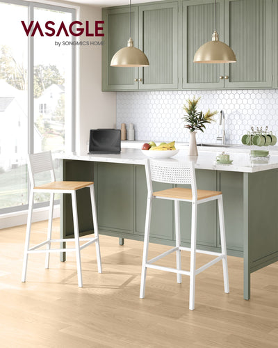 Set of 2 Oak Beige and White Bar Stools with Footrest for Kitchen Counter by Vasagle