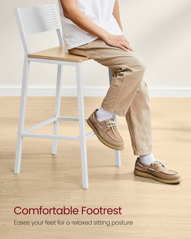 Set of 2 Oak Beige and White Bar Stools with Footrest for Kitchen Counter by Vasagle