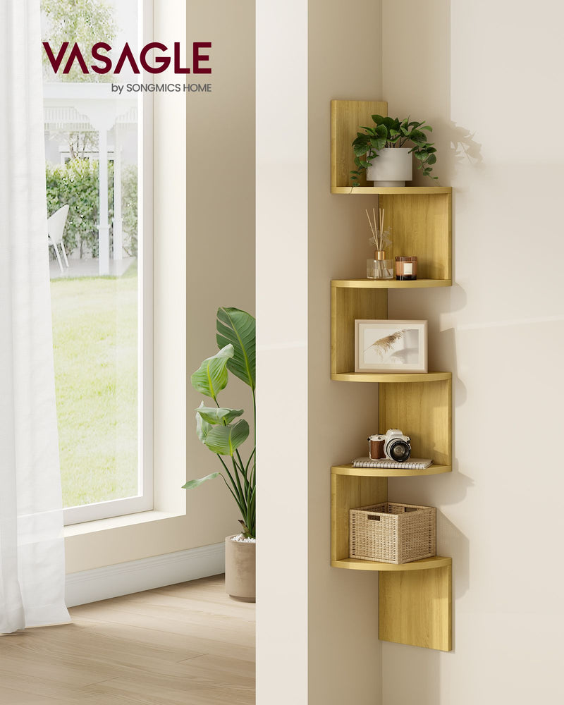 5 Tier Wall Mounted Corner Shelf in Natural Oak for Space Saving Storage by Vasagle