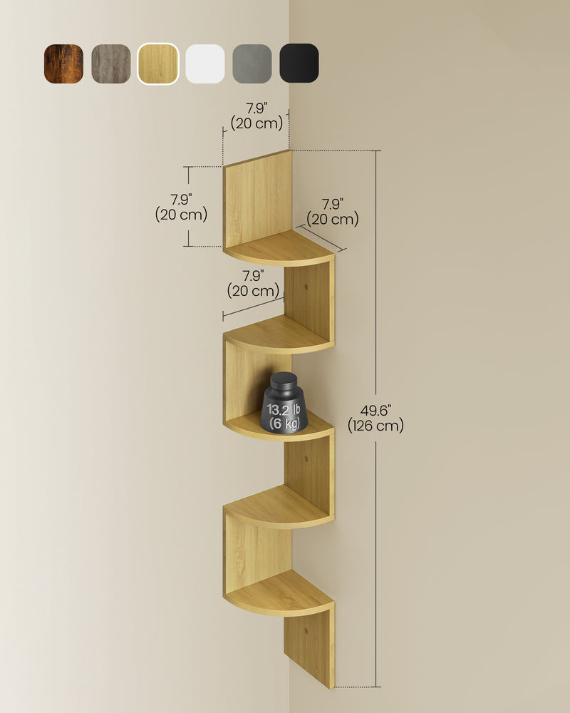 5 Tier Wall Mounted Corner Shelf in Natural Oak for Space Saving Storage by Vasagle
