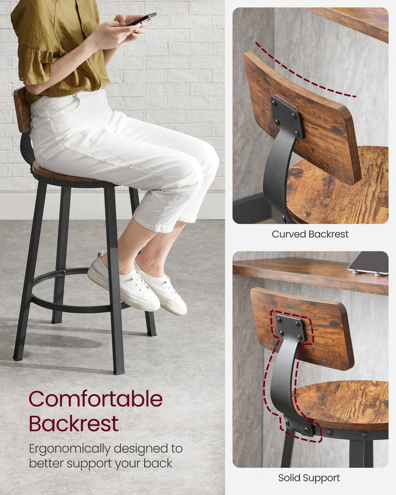 Set of 2 Rustic Brown Bar Stools with Backrests Height Adjustable Metal Frame by Vasagle VASAGLE