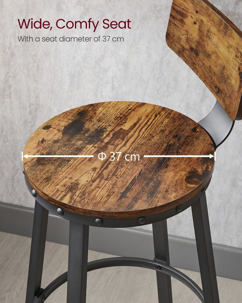 Set of 2 Rustic Brown Bar Stools with Backrests Height Adjustable Metal Frame by Vasagle VASAGLE