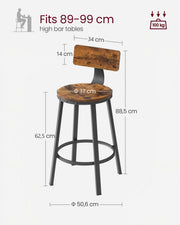 Set of 2 Rustic Brown Bar Stools with Backrests Height Adjustable Metal Frame by Vasagle VASAGLE