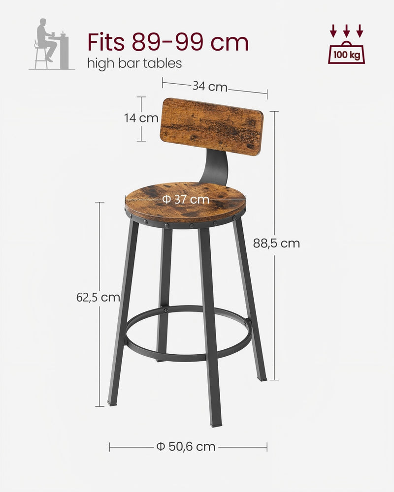 Set of 2 Rustic Brown Bar Stools with Backrests Height Adjustable Metal Frame by Vasagle VASAGLE