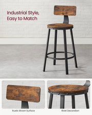 Set of 2 Rustic Brown Bar Stools with Backrests Height Adjustable Metal Frame by Vasagle VASAGLE