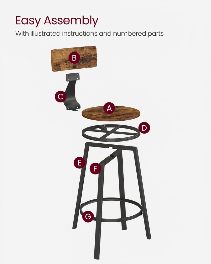 Set of 2 Rustic Brown Bar Stools with Backrests Height Adjustable Metal Frame by Vasagle VASAGLE