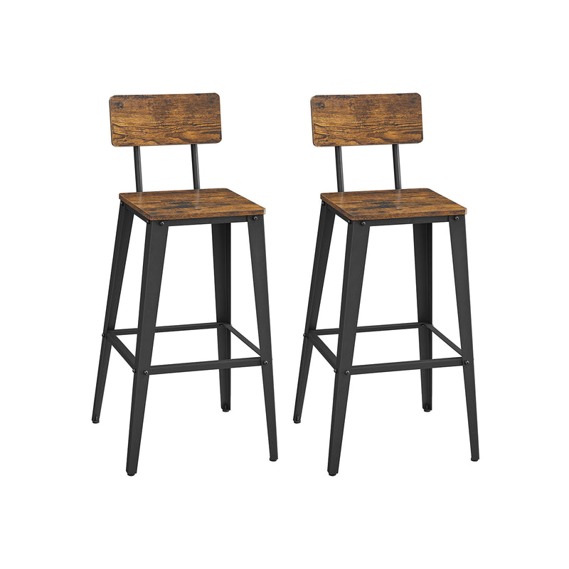 Set of 2 Rustic Brown and Black Industrial Bar Stools with Backrests for Kitchen by Vasagle