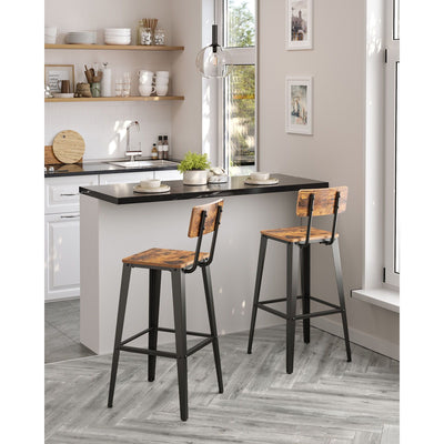 Set of 2 Rustic Brown and Black Industrial Bar Stools with Backrests for Kitchen by Vasagle