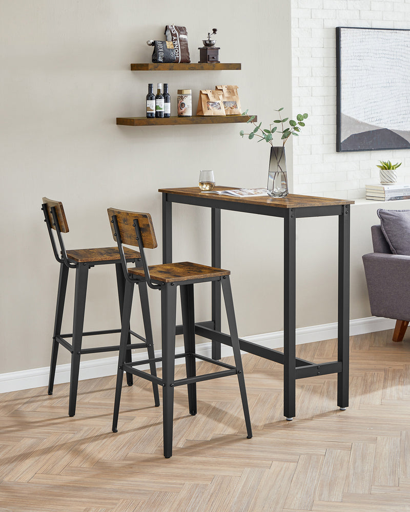 Set of 2 Rustic Brown and Black Industrial Bar Stools with Backrests for Kitchen by Vasagle