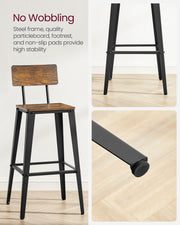 Set of 2 Rustic Brown and Black Industrial Bar Stools with Backrests for Kitchen by Vasagle