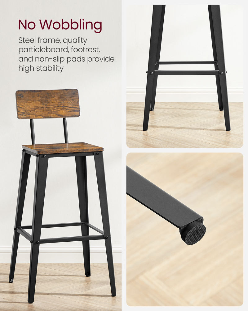 Set of 2 Rustic Brown and Black Industrial Bar Stools with Backrests for Kitchen by Vasagle