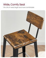 Set of 2 Rustic Brown and Black Industrial Bar Stools with Backrests for Kitchen by Vasagle
