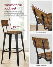 Set of 2 Rustic Brown and Black Industrial Bar Stools with Backrests for Kitchen by Vasagle