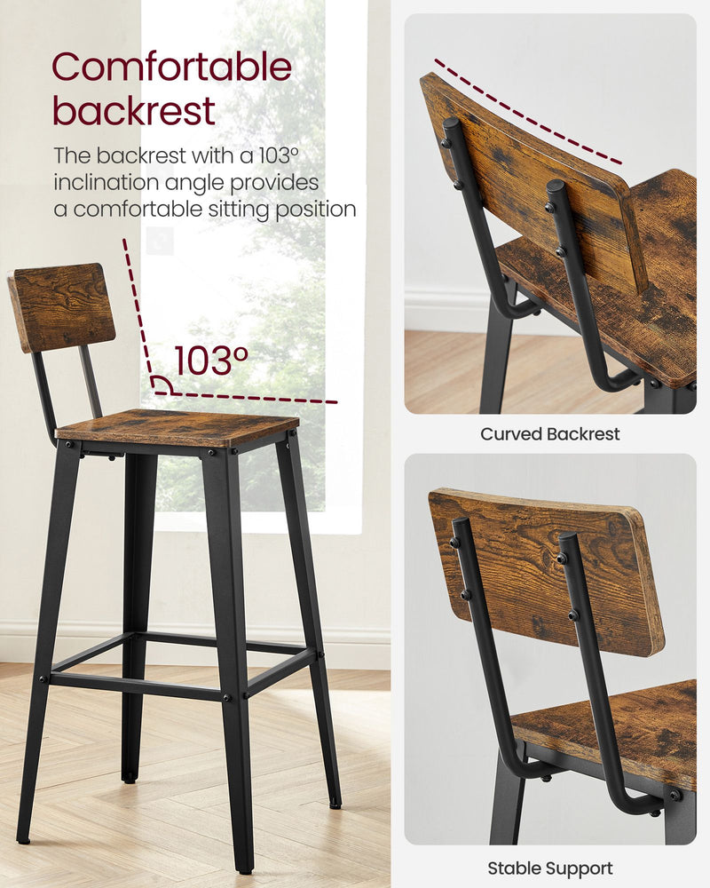 Set of 2 Rustic Brown and Black Industrial Bar Stools with Backrests for Kitchen by Vasagle