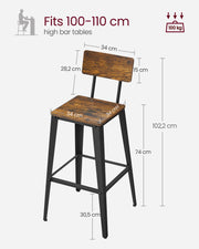 Set of 2 Rustic Brown and Black Industrial Bar Stools with Backrests for Kitchen by Vasagle