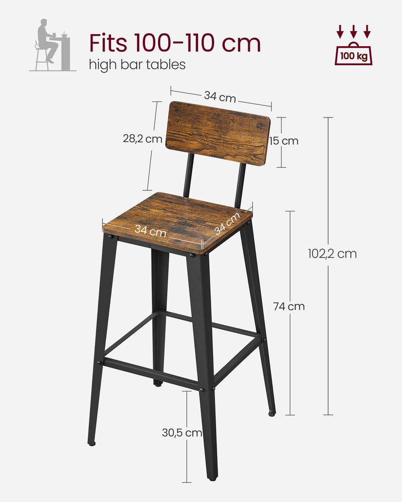 Set of 2 Rustic Brown and Black Industrial Bar Stools with Backrests for Kitchen by Vasagle