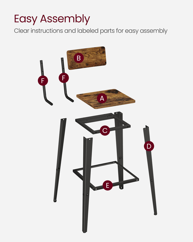 Set of 2 Rustic Brown and Black Industrial Bar Stools with Backrests for Kitchen by Vasagle