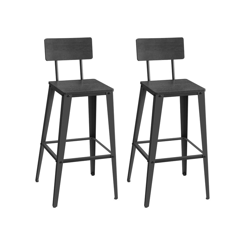 Set of 2 Black Bar Stools with Backrest and Steel Frame for Kitchen or Bar by Vasagle