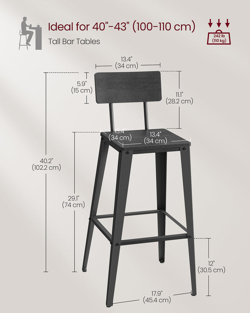 Set of 2 Black Bar Stools with Backrest and Steel Frame for Kitchen or Bar by Vasagle