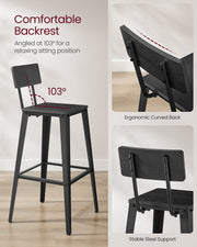 Set of 2 Black Bar Stools with Backrest and Steel Frame for Kitchen or Bar by Vasagle