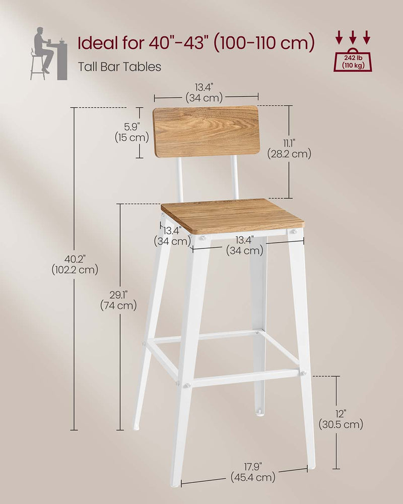 Set of 2 Bar Stools with Backrest Easy Assembly Wheat Brown and White Finish by Vasagle