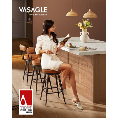 Set of 2 Mid Century Swivel Bar Stools 65cm Faux Leather Chairs for Kitchen by Vasagle