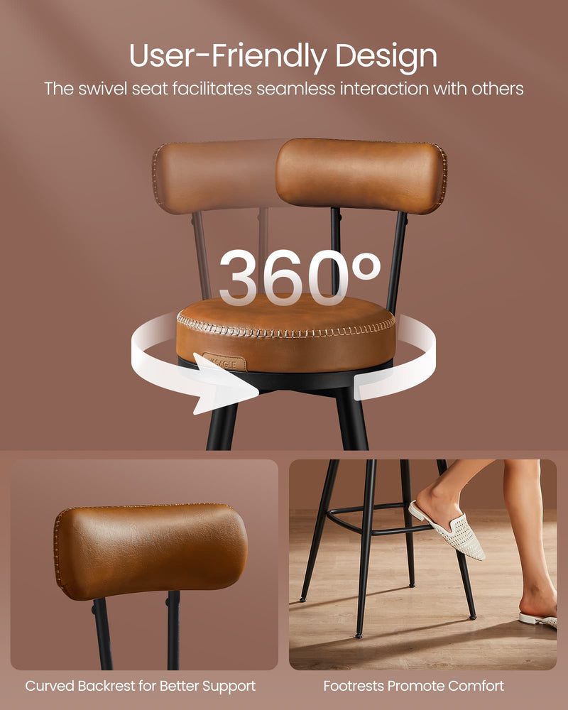 Set of 2 Mid Century Swivel Bar Stools 65cm Faux Leather Chairs for Kitchen by Vasagle