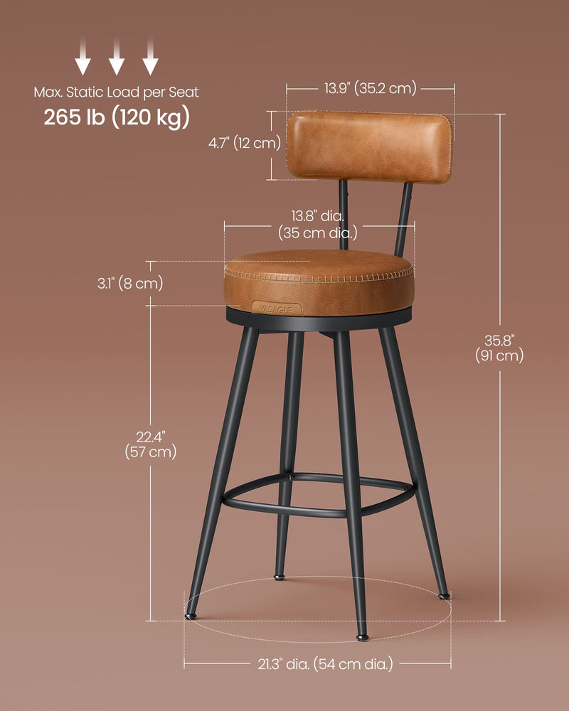 Set of 2 Mid Century Swivel Bar Stools 65cm Faux Leather Chairs for Kitchen by Vasagle