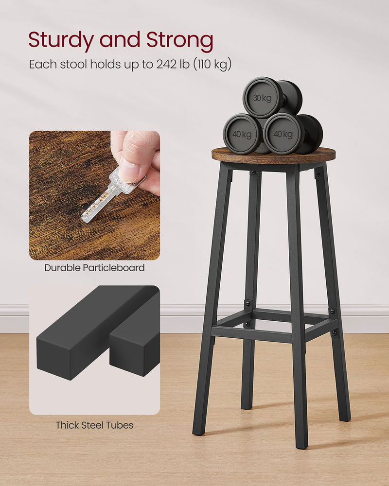 Set of 2 Rustic Brown and Black Bar Stools 74 cm High for Kitchen or Breakfast Bar by Vasagle