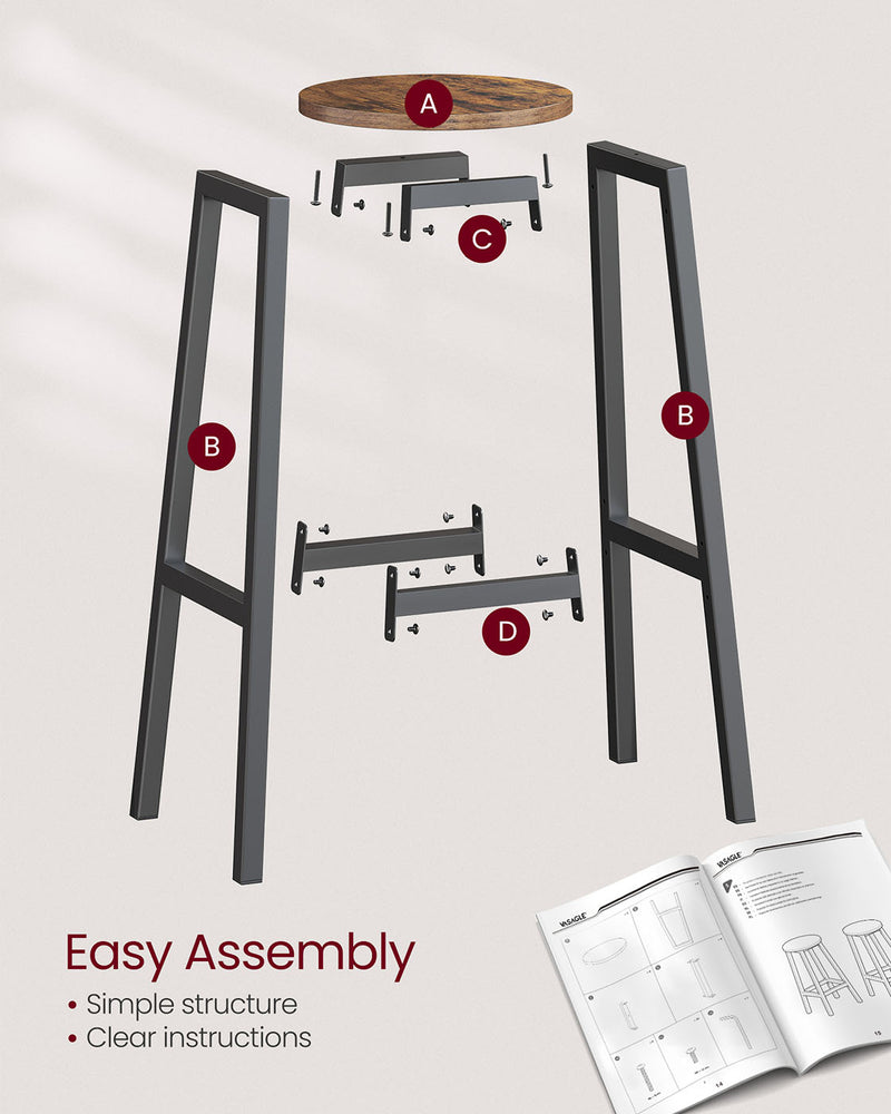 Set of 2 Rustic Brown and Black Bar Stools 74 cm High for Kitchen or Breakfast Bar by Vasagle