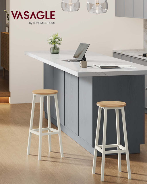 Set of 2 Bar Stools 74 cm High Golden Oak and White for Kitchen or Breakfast Bar by Vasagle
