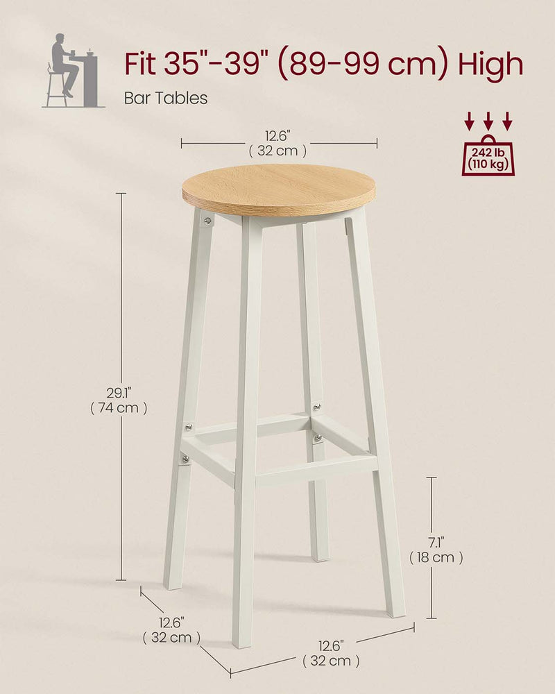 Set of 2 Bar Stools 74 cm High Golden Oak and White for Kitchen or Breakfast Bar by Vasagle