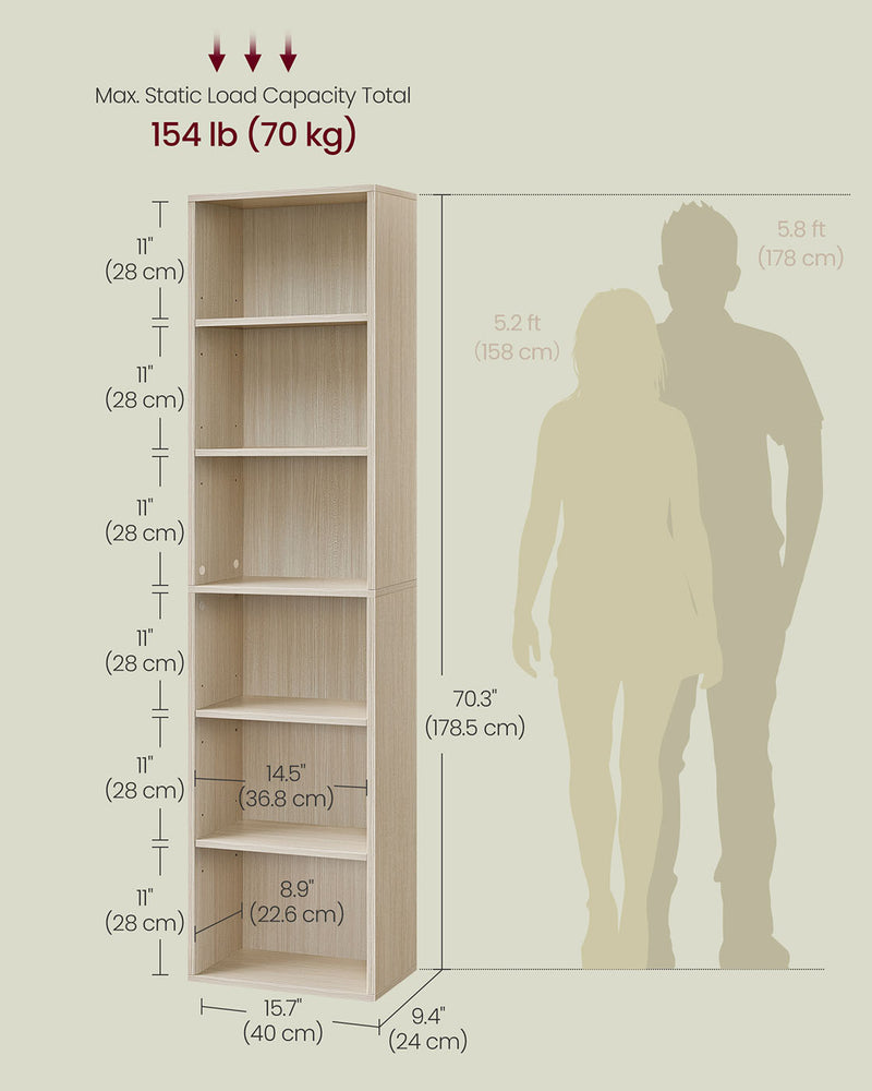 6 Tier Tall Bookcase Natural Beige Freestanding Bookshelf for Home Office Storage by Vasagle
