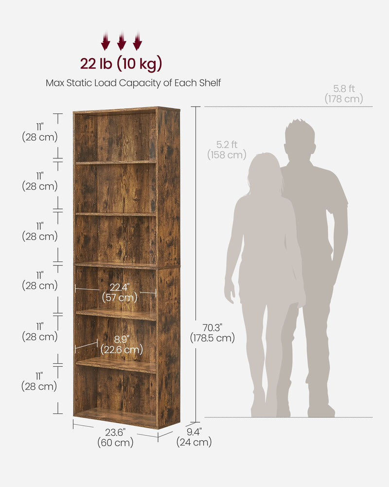 Rustic Brown Industrial Bookcase with 6 Spacious Shelves for Home or Office by Vasagle