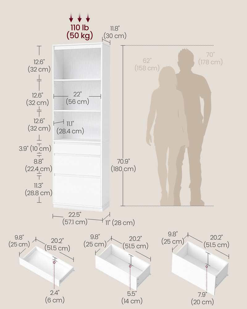 Tall 180 cm Bookcase with 3 Adjustable Shelves for Home or Office Storage by Vasagle