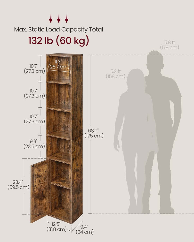 Tall Wooden Bookcase with Storage Cabinet Underneath for Living Room by Vasagle, Rustic Brown, 31.8 x 24 x 175cm