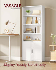 Tall White Wooden Bookcase with Storage Cabinet for Living Room or Office by Vasagle