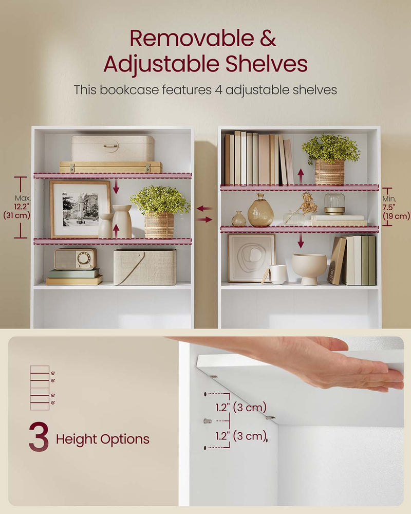 White Wooden Bookcase With 5 Shelves Cloud White Freestanding Display Unit by Vasagle, 80x24x160.7cm