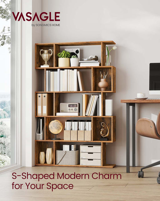 5 Tier Wooden Bookcase with Open Shelves Rustic Brown Space Saving Storage by Vasagle