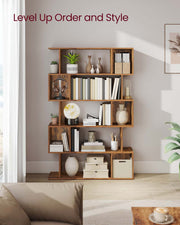 5 Tier Wooden Bookcase with Open Shelves Rustic Brown Space Saving Storage by Vasagle