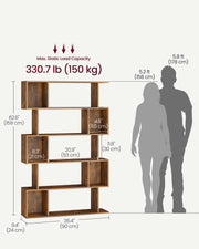 5 Tier Wooden Bookcase with Open Shelves Rustic Brown Space Saving Storage by Vasagle
