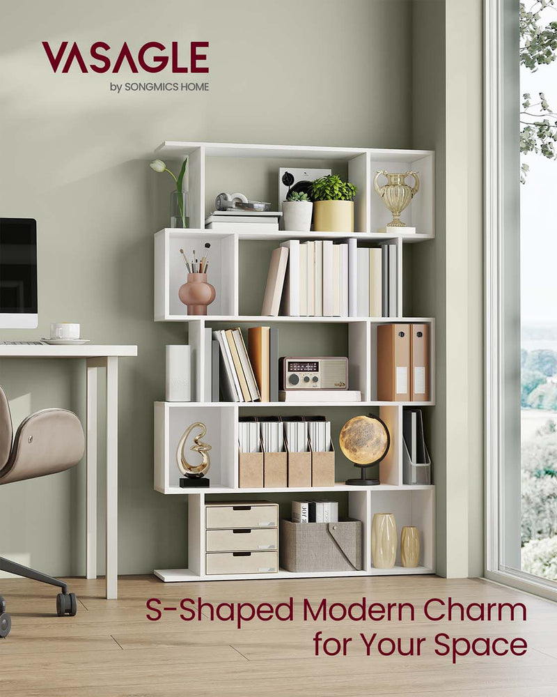 White 5 Tier Wooden Bookcase with Open Shelves for Home or Office Storage by Vasagle