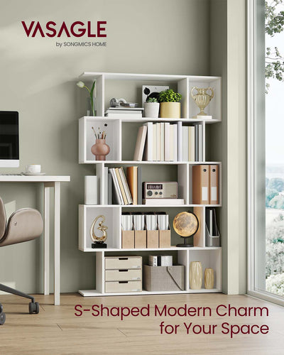 White 5 Tier Wooden Bookcase with Open Shelves for Home or Office Storage by Vasagle